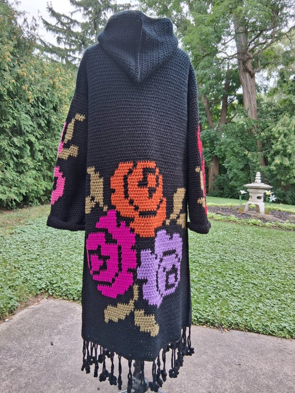 BoHo Black long Vibrant Colorful Roses Hooded Floral Fringe L/XL